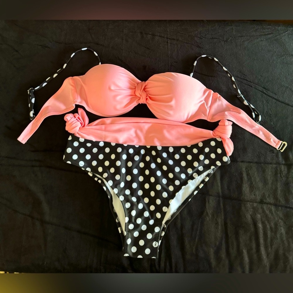 Pink Black PolkaDot Bathing Suit, Bikini, New without tags, top and bottoms L/XL